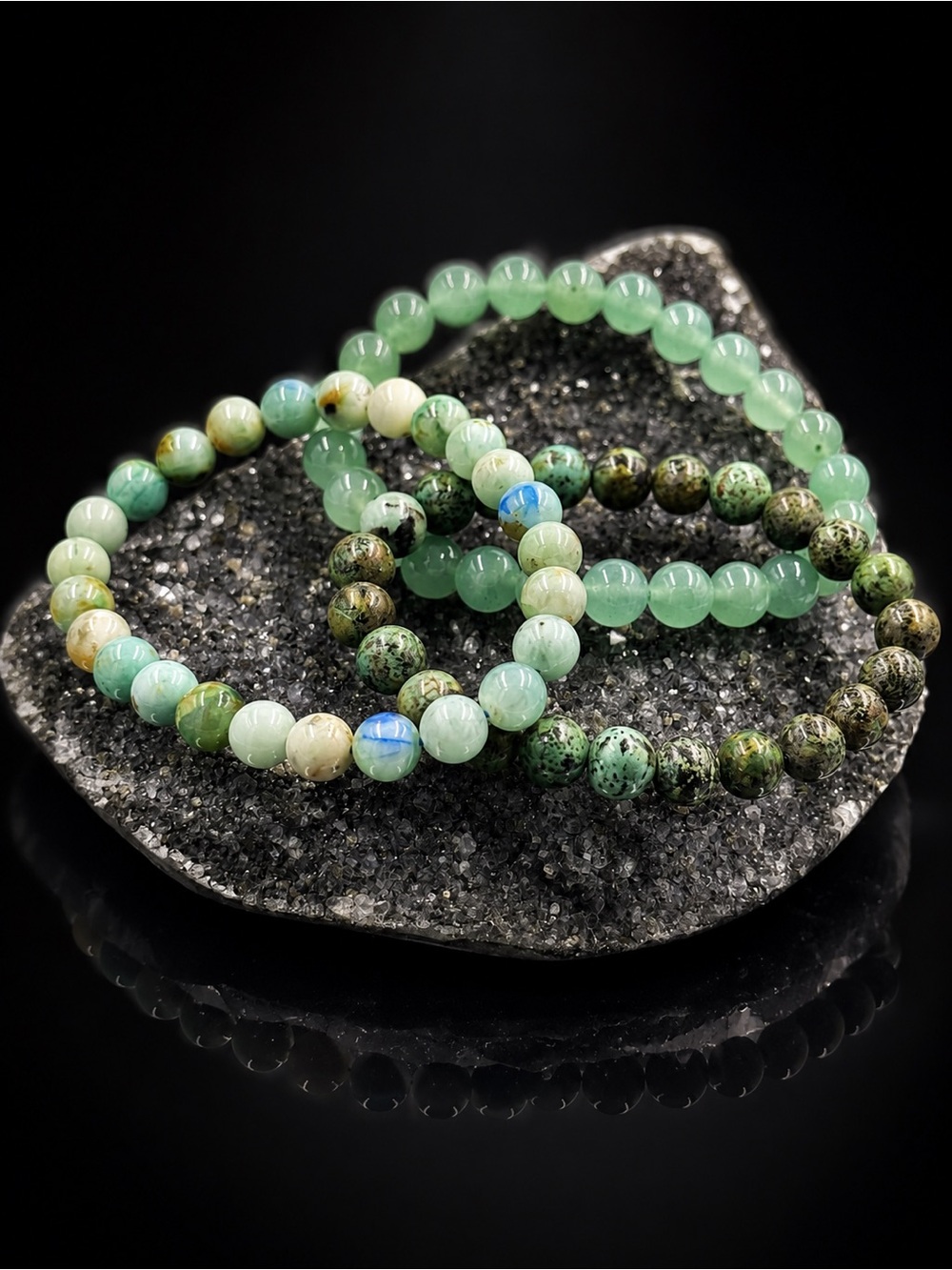 Set of 3, 8mm, African Turquoise, Caribbean Calcite, Green Aventurine bracelets.